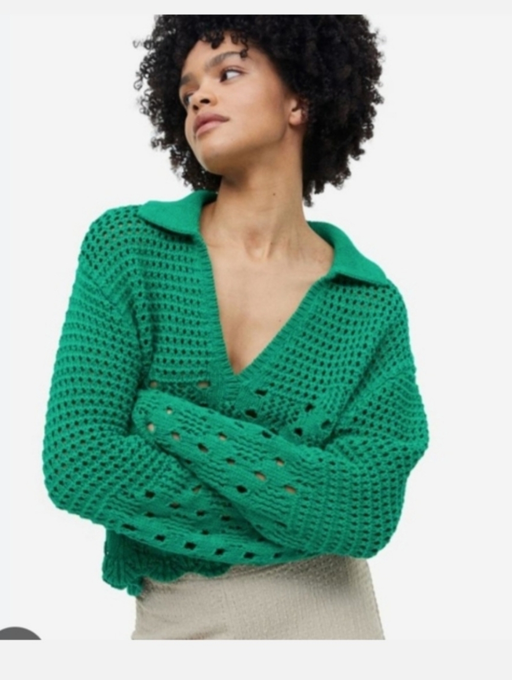 Open-Knit Collared V-Neck Sweater in Green Sz S